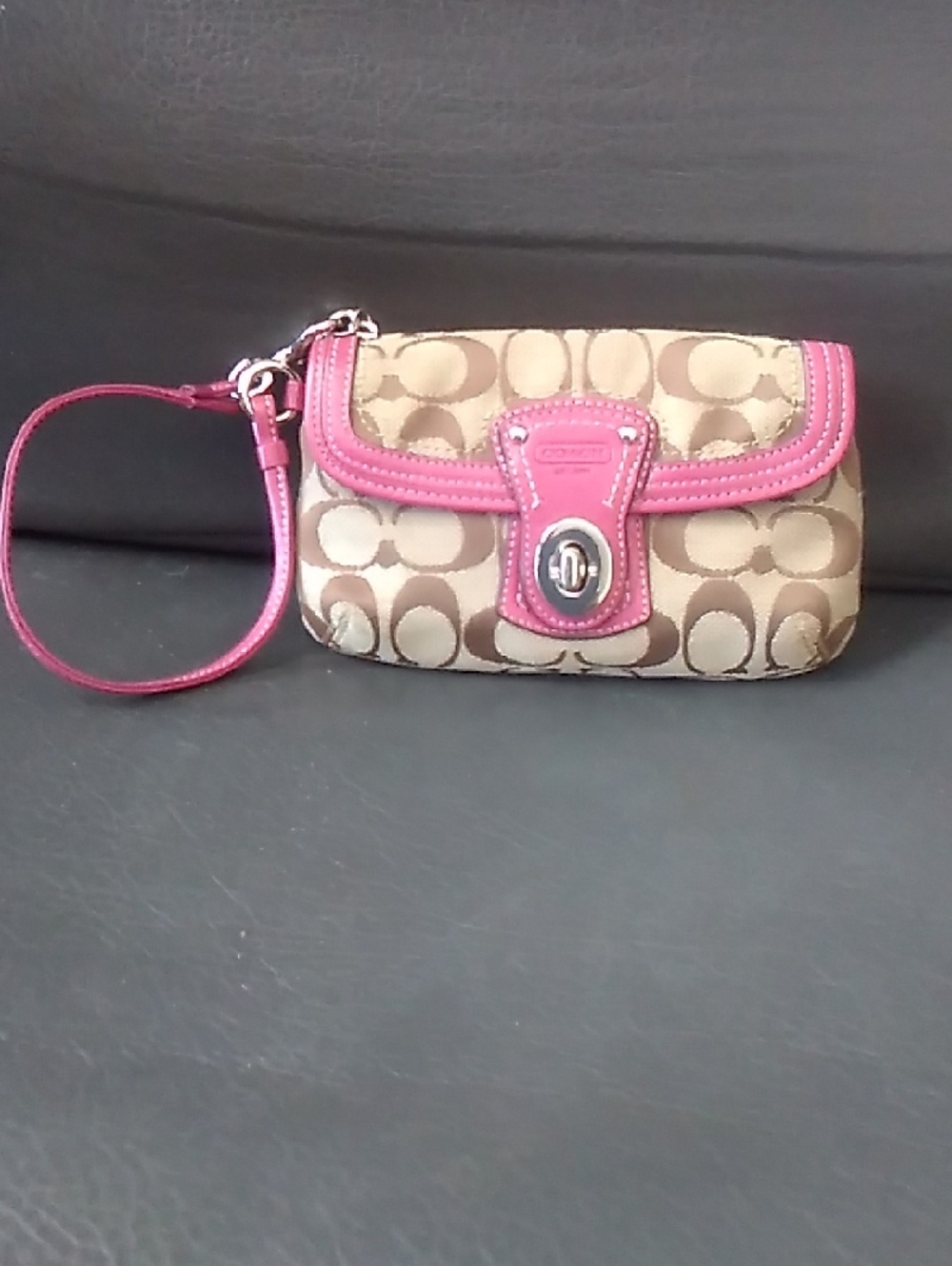 Coach Signature Canvas Wristlet with Pink Trim and Tan Monogram